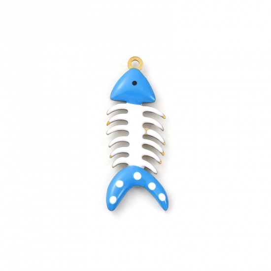 Picture of 2 PCs Eco-friendly PVD Vacuum Plating 304 Stainless Steel Ocean Jewelry Pendants 18K Gold Plated Blue Fish Bone Spot Double-sided Enamel 3cm x 1.2cm