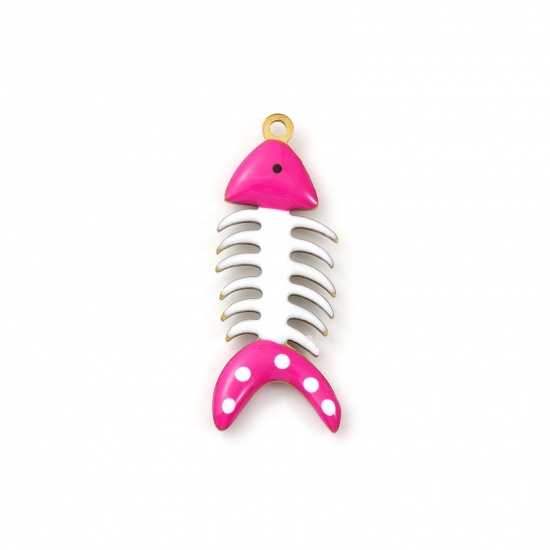 Picture of 2 PCs Eco-friendly PVD Vacuum Plating 304 Stainless Steel Ocean Jewelry Pendants 18K Gold Plated Fuchsia Fish Bone Spot Double-sided Enamel 3cm x 1.2cm