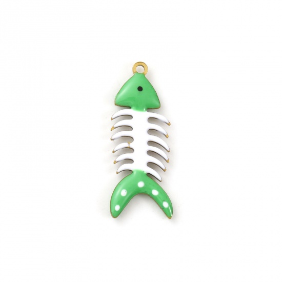 Picture of 2 PCs Eco-friendly PVD Vacuum Plating 304 Stainless Steel Ocean Jewelry Pendants 18K Gold Plated Green Fish Bone Spot Double-sided Enamel 3cm x 1.2cm