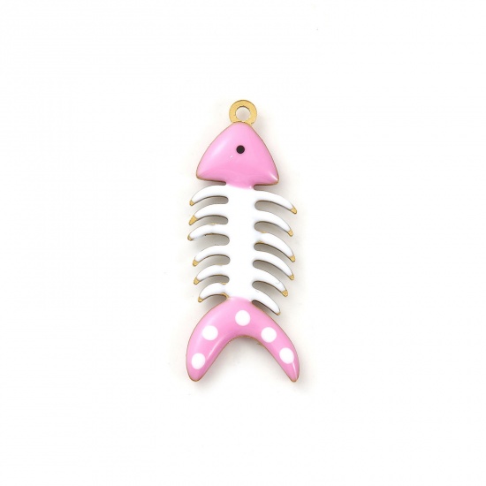 Picture of 2 PCs Eco-friendly PVD Vacuum Plating 304 Stainless Steel Ocean Jewelry Pendants 18K Gold Plated Pink Fish Bone Spot Double-sided Enamel 3cm x 1.2cm