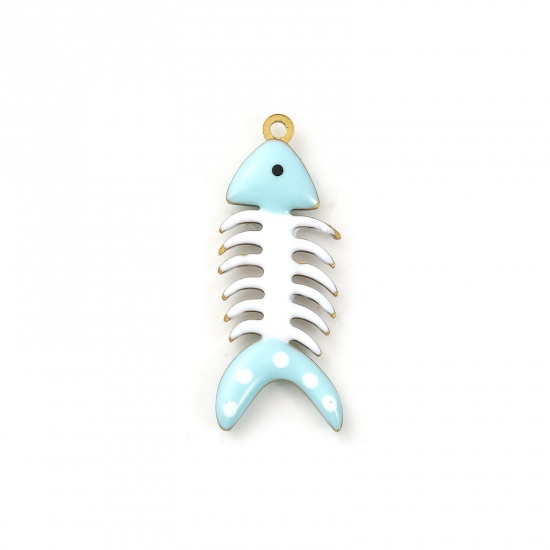 Picture of 2 PCs Eco-friendly PVD Vacuum Plating 304 Stainless Steel Ocean Jewelry Pendants 18K Gold Plated Mint Green Fish Bone Spot Double-sided Enamel 3cm x 1.2cm
