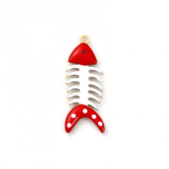 Picture of 2 PCs Eco-friendly PVD Vacuum Plating 304 Stainless Steel Ocean Jewelry Pendants 18K Gold Plated Red Fish Bone Spot Double-sided Enamel 3cm x 1.2cm