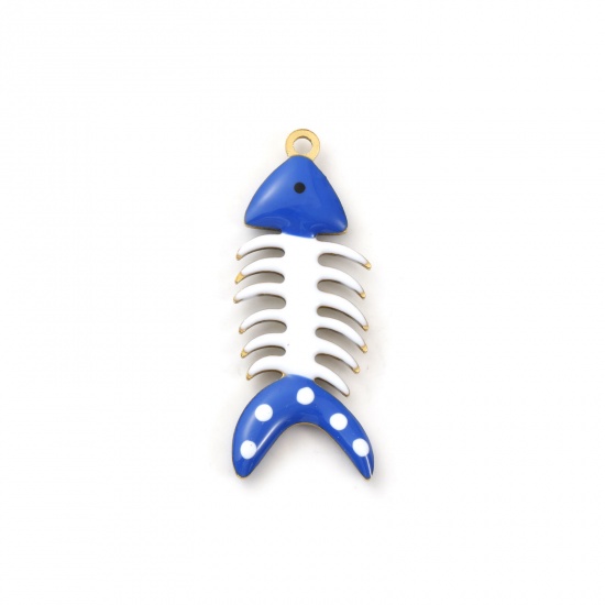 Picture of 2 PCs Eco-friendly PVD Vacuum Plating 304 Stainless Steel Ocean Jewelry Pendants 18K Gold Plated Dark Blue Fish Bone Spot Double-sided Enamel 3cm x 1.2cm
