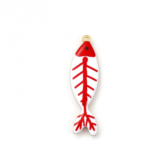 Picture of 2 PCs Eco-friendly PVD Vacuum Plating 304 Stainless Steel Ocean Jewelry Pendants 18K Gold Plated Red Fish Animal Double-sided Enamel 4cm x 1.1cm