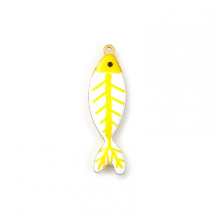 Picture of 2 PCs Eco-friendly PVD Vacuum Plating 304 Stainless Steel Ocean Jewelry Pendants 18K Gold Plated Yellow Fish Animal Double-sided Enamel 4cm x 1.1cm