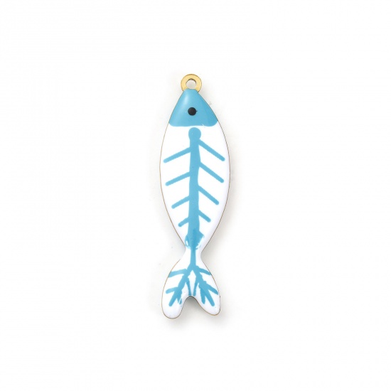 Picture of 2 PCs Eco-friendly PVD Vacuum Plating 304 Stainless Steel Ocean Jewelry Pendants 18K Gold Plated Green Blue Fish Animal Double-sided Enamel 4cm x 1.1cm