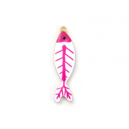 Picture of 2 PCs Eco-friendly PVD Vacuum Plating 304 Stainless Steel Ocean Jewelry Pendants 18K Gold Plated Fuchsia Fish Animal Double-sided Enamel 4cm x 1.1cm