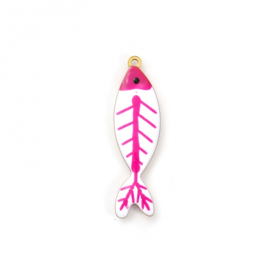 Picture of 2 PCs Eco-friendly PVD Vacuum Plating 304 Stainless Steel Ocean Jewelry Pendants 18K Gold Plated Fuchsia Fish Animal Double-sided Enamel 4cm x 1.1cm