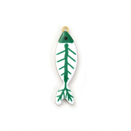 Picture of 2 PCs Eco-friendly PVD Vacuum Plating 304 Stainless Steel Ocean Jewelry Pendants 18K Gold Plated Green Fish Animal Double-sided Enamel 4cm x 1.1cm