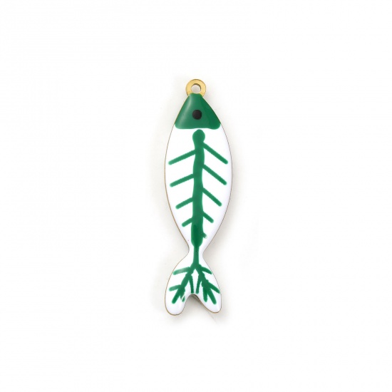 Picture of 2 PCs Eco-friendly PVD Vacuum Plating 304 Stainless Steel Ocean Jewelry Pendants 18K Gold Plated Green Fish Animal Double-sided Enamel 4cm x 1.1cm