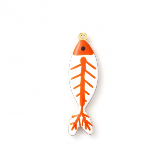 Picture of 2 PCs Eco-friendly PVD Vacuum Plating 304 Stainless Steel Ocean Jewelry Pendants 18K Gold Plated Orange Fish Animal Double-sided Enamel 4cm x 1.1cm