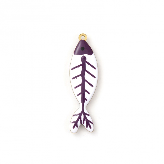 Picture of 2 PCs Eco-friendly PVD Vacuum Plating 304 Stainless Steel Ocean Jewelry Pendants 18K Gold Plated Purple Fish Animal Double-sided Enamel 4cm x 1.1cm