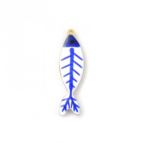Picture of 2 PCs Eco-friendly PVD Vacuum Plating 304 Stainless Steel Ocean Jewelry Pendants 18K Gold Plated Dark Blue Fish Animal Double-sided Enamel 4cm x 1.1cm