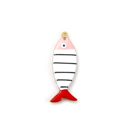 Picture of 2 PCs Eco-friendly PVD Vacuum Plating 304 Stainless Steel Ocean Jewelry Pendants 18K Gold Plated Multicolor Fish Animal Stripe Double-sided Enamel 4cm x 1.5cm