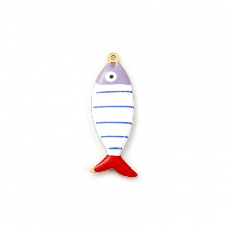 Picture of 2 PCs Eco-friendly PVD Vacuum Plating 304 Stainless Steel Ocean Jewelry Pendants 18K Gold Plated Multicolor Fish Animal Stripe Double-sided Enamel 4cm x 1.5cm