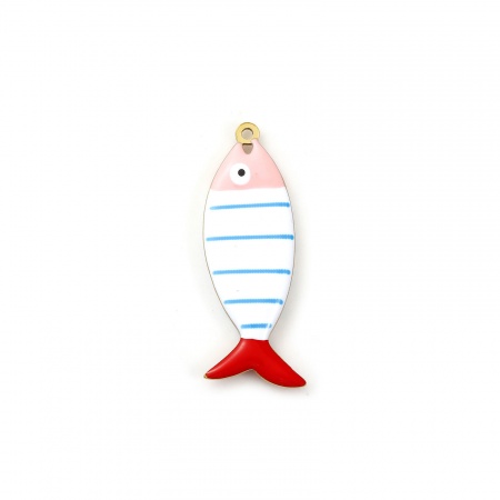 Picture of 2 PCs Eco-friendly PVD Vacuum Plating 304 Stainless Steel Ocean Jewelry Pendants 18K Gold Plated Multicolor Fish Animal Stripe Double-sided Enamel 4cm x 1.5cm