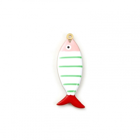 Picture of 2 PCs Eco-friendly PVD Vacuum Plating 304 Stainless Steel Ocean Jewelry Pendants 18K Gold Plated Multicolor Fish Animal Stripe Double-sided Enamel 4cm x 1.5cm