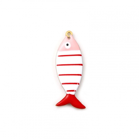 Picture of 2 PCs Eco-friendly PVD Vacuum Plating 304 Stainless Steel Ocean Jewelry Pendants 18K Gold Plated Multicolor Fish Animal Stripe Double-sided Enamel 4cm x 1.5cm