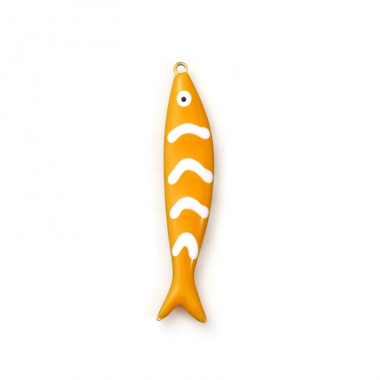 Imagen de 2 Unidades Recubrimiento al Vacío PVD Ecológico 304 Acero Inoxidable Joyería del océano Colgantes Chapado en Oro de 18K Naranja Pez Onda Esmalte de Doble Cara 4cm x 0.8cm