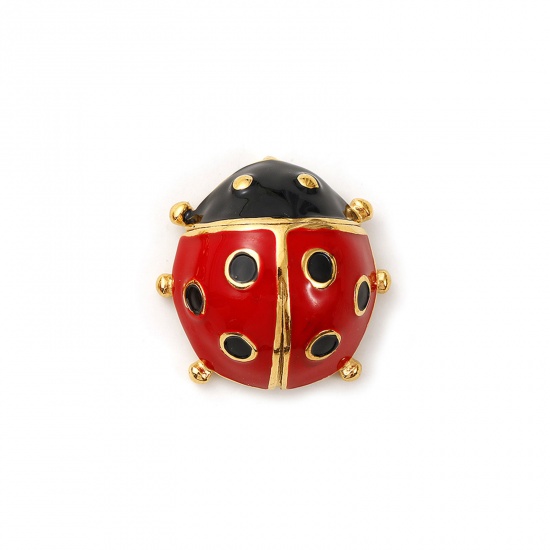 Immagine di 1 Pz Placcatura Sottovuoto PVD Ecologica 304 Acciaio Inossidabile Ciondoli 18K Vero Oro Placcato Rosso Smalto Coccinella 26mm x 26mm