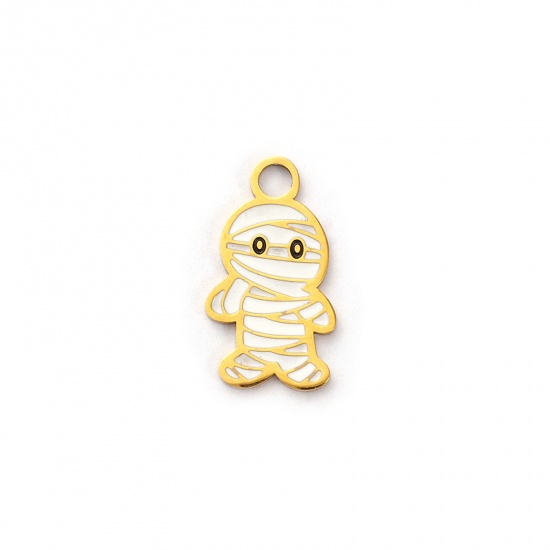 Picture of 1 Piece Eco-friendly PVD Vacuum Plating 304 Stainless Steel Charms 18K Real Gold Plated White Enamel Halloween Mummy 16mm x 9mm