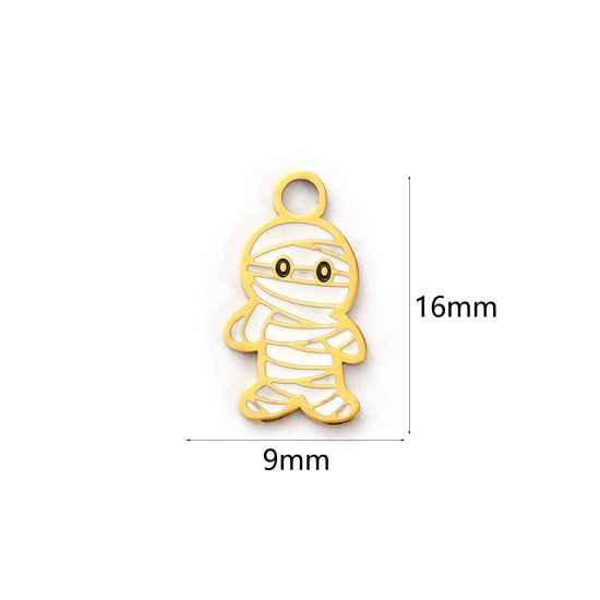 Picture of 1 Piece Eco-friendly PVD Vacuum Plating 304 Stainless Steel Charms 18K Real Gold Plated White Enamel Halloween Mummy 16mm x 9mm