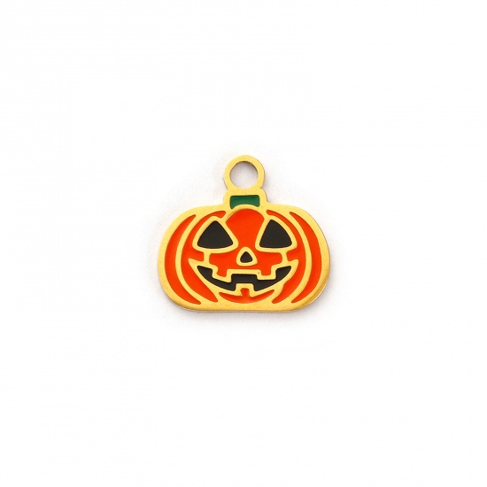 Picture of 1 Piece Eco-friendly PVD Vacuum Plating 304 Stainless Steel Charms 18K Real Gold Plated Orange Enamel Halloween Pumpkin Ghost Face 14mm x 13mm