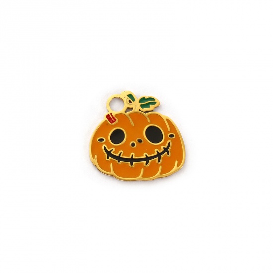 Picture of 1 Piece Eco-friendly PVD Vacuum Plating 304 Stainless Steel Charms 18K Real Gold Plated Yellow Enamel Halloween Pumpkin Ghost Face 15mm x 14mm