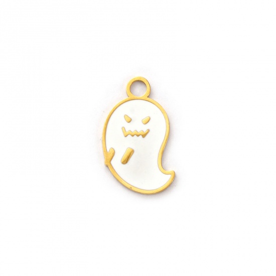 Picture of 1 Piece Eco-friendly PVD Vacuum Plating 304 Stainless Steel Charms 18K Real Gold Plated White Enamel Halloween Ghost 16mm x 10mm