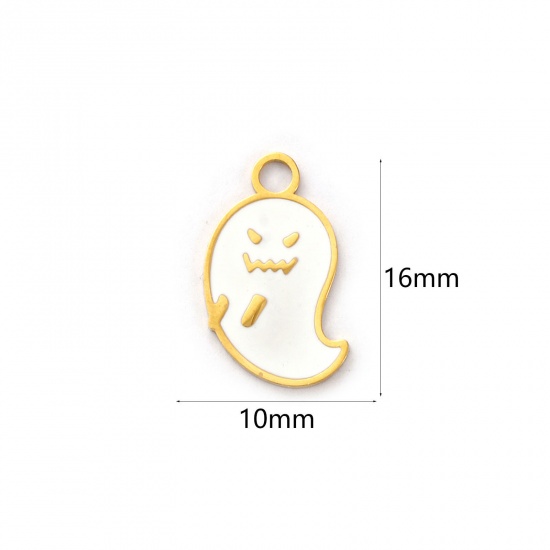 Picture of 1 Piece Eco-friendly PVD Vacuum Plating 304 Stainless Steel Charms 18K Real Gold Plated White Enamel Halloween Ghost 16mm x 10mm