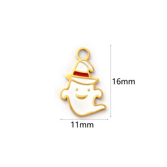 Picture of 1 Piece Eco-friendly PVD Vacuum Plating 304 Stainless Steel Charms 18K Real Gold Plated White Enamel Halloween Ghost 16mm x 11mm
