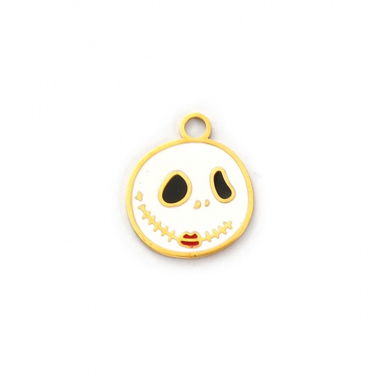 Picture of 1 Piece Eco-friendly PVD Vacuum Plating 304 Stainless Steel Charms 18K Real Gold Plated White Enamel Halloween Ghost Ghost Face 16mm x 13.5mm