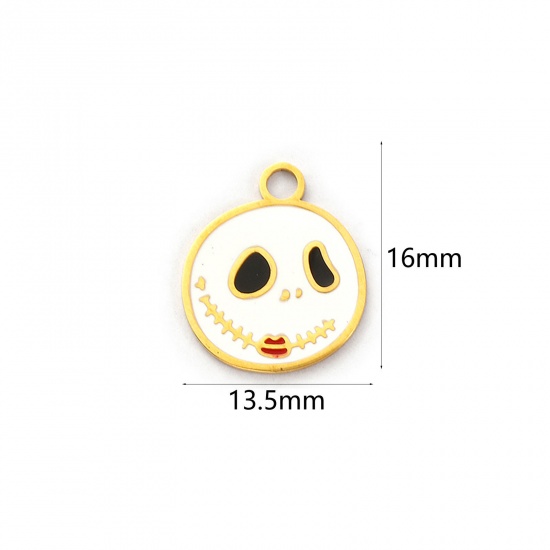 Picture of 1 Piece Eco-friendly PVD Vacuum Plating 304 Stainless Steel Charms 18K Real Gold Plated White Enamel Halloween Ghost Ghost Face 16mm x 13.5mm