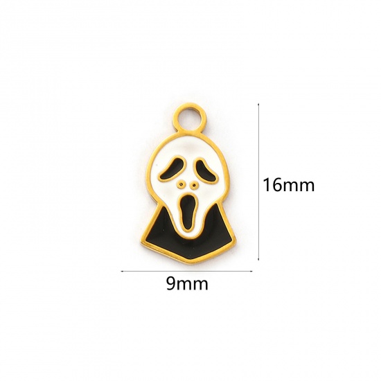 Picture of 1 Piece Eco-friendly PVD Vacuum Plating 304 Stainless Steel Charms 18K Real Gold Plated Black & White Enamel Halloween Ghost 16mm x 9mm