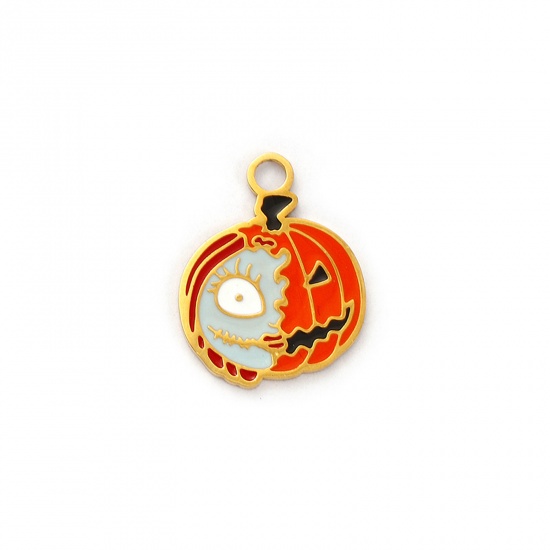 Picture of 1 Piece Eco-friendly PVD Vacuum Plating 304 Stainless Steel Charms 18K Real Gold Plated Orange Enamel Halloween Pumpkin Ghost Face 17mm x 13mm