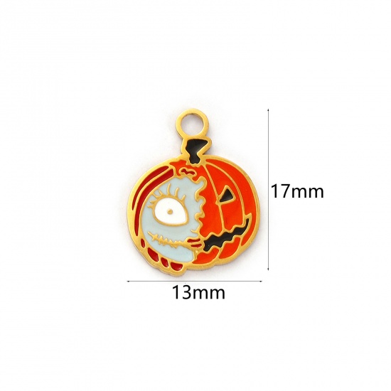 Picture of 1 Piece Eco-friendly PVD Vacuum Plating 304 Stainless Steel Charms 18K Real Gold Plated Orange Enamel Halloween Pumpkin Ghost Face 17mm x 13mm