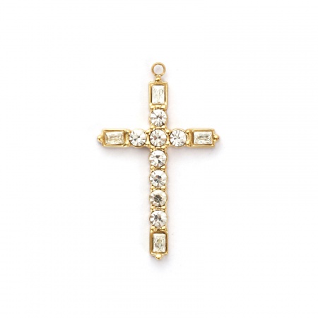 1 Piece Eco-friendly PVD Vacuum Plating 304 Stainless Steel Religious Pendants 18K Real Gold Plated Cross Clear Cubic Zirconia 3.3cm x 2cm