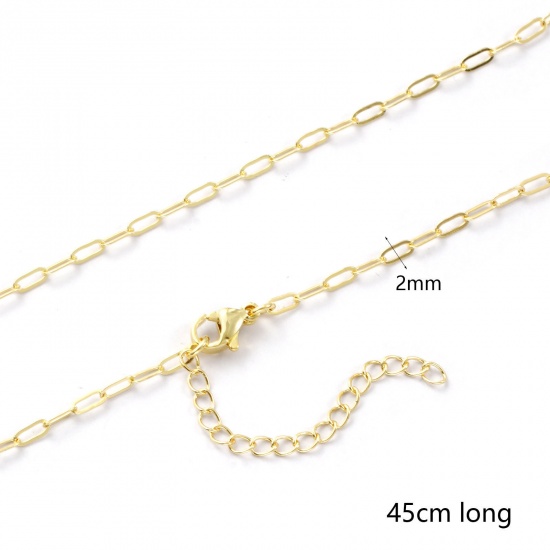 Immagine di 2 Pz Ecologico Ottone Squisito Catena a Graffetta Collana 18K Vero Oro Placcato 45cm + 5cm Lunghezza, Dimensione Catena: 2mm