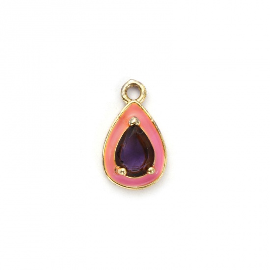 Picture of 2 PCs Eco-friendly Brass & Glass Charms 18K Real Gold Plated Purple Enamel Drop 17mm x 10mm