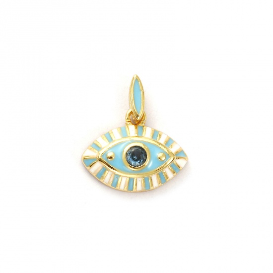 Immagine di 1 Pz Ecologico Ottone Ciondoli 18K Vero Oro Placcato Bianco Smalto Occhi Blu Cubic Zirconiae 17mm x 15mm