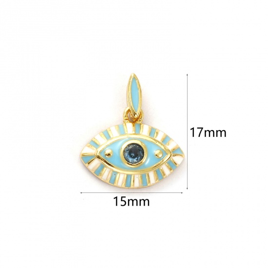 Immagine di 1 Pz Ecologico Ottone Ciondoli 18K Vero Oro Placcato Bianco Smalto Occhi Blu Cubic Zirconiae 17mm x 15mm