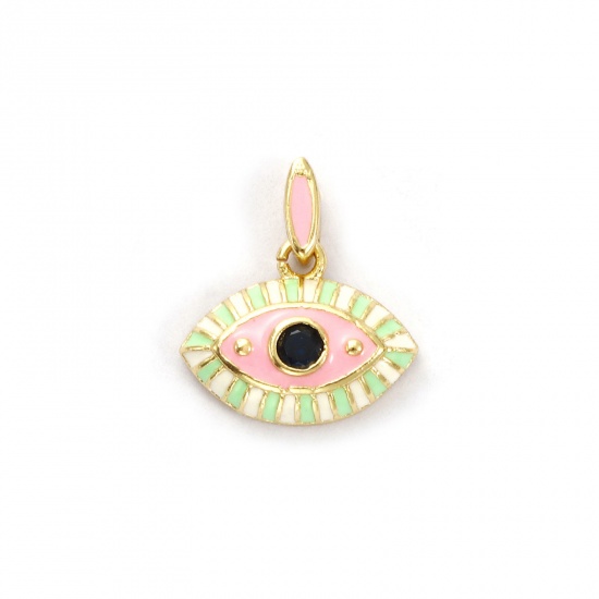 Immagine di 1 Pz Ecologico Ottone Ciondoli 18K Vero Oro Placcato Verde Chiaro Smalto Occhi Blu Scuro Cubic Zirconiae 17mm x 15mm