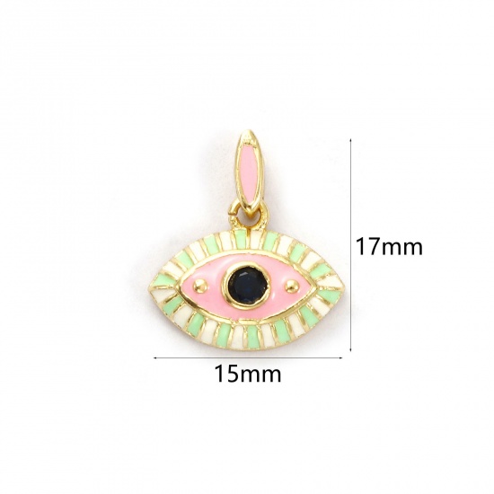 Immagine di 1 Pz Ecologico Ottone Ciondoli 18K Vero Oro Placcato Verde Chiaro Smalto Occhi Blu Scuro Cubic Zirconiae 17mm x 15mm