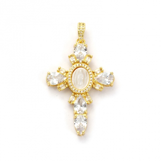 Picture of 1 Piece Eco-friendly Natural Shell & Brass Religious Pendants 18K Real Gold Plated White Cross Virgin Mary Clear Cubic Zirconia 5.3cm x 3.1cm