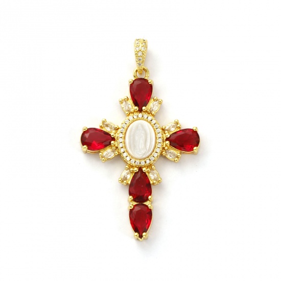 Picture of 1 Piece Eco-friendly Natural Shell & Brass Religious Pendants 18K Real Gold Plated White Cross Virgin Mary Wine Red Cubic Zirconia 5.3cm x 3.1cm