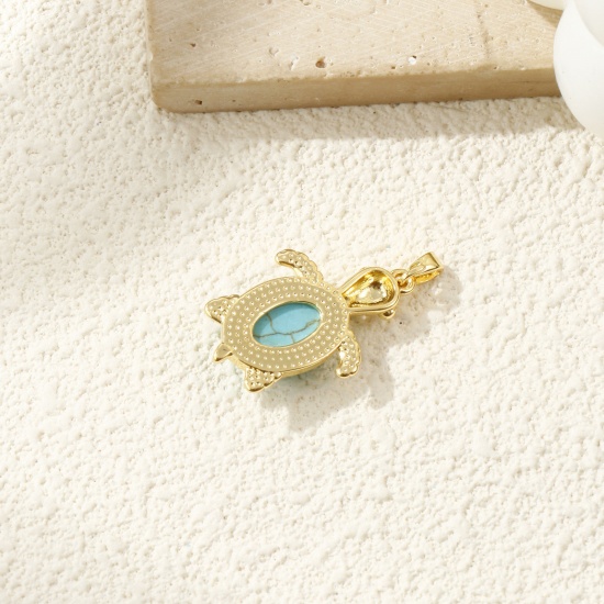Imagen de 2 Unidades Latón Joyería del océano Colgantes Chapado en Oro de 18K Verde Azul Tortuga Con Resina Cabochons Imitación Turquesa 3.2cm x 1.8cm