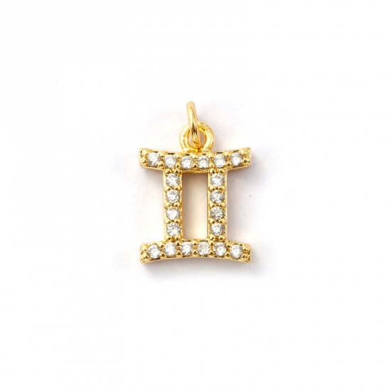 Immagine di 2 Pz Ecologico Ottone Ciondoli 18K Vero Oro Placcato Costellazione Gemelli Micro Spianare Trasparente Cubic Zirconiae 14mm x 9.5mm