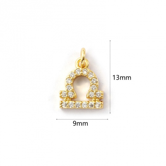 Immagine di 2 Pz Ecologico Ottone Ciondoli 18K Vero Oro Placcato Costellazione Libra Micro Spianare Trasparente Cubic Zirconiae 13mm x 9mm