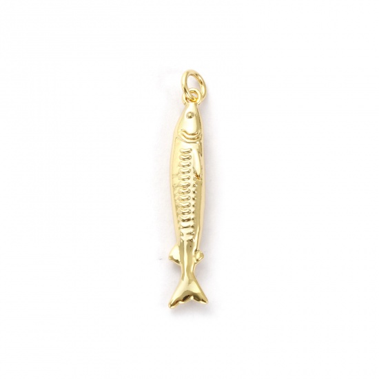 Immagine di 2 Pz Ecologico Ottone Gioielli Oceanici Ciondoli Pendenti 18K Vero Oro Placcato Pesce 3D 3.7cm x 0.6cm