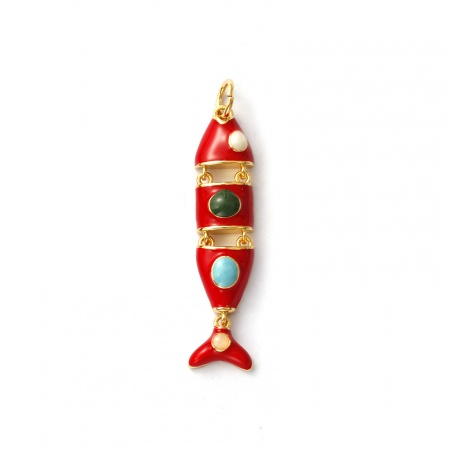 Picture of 1 Piece Eco-friendly Brass Ocean Jewelry Pendants 18K Real Gold Plated Red Enamel Fish Animal Movable 3.6cm x 0.8cm